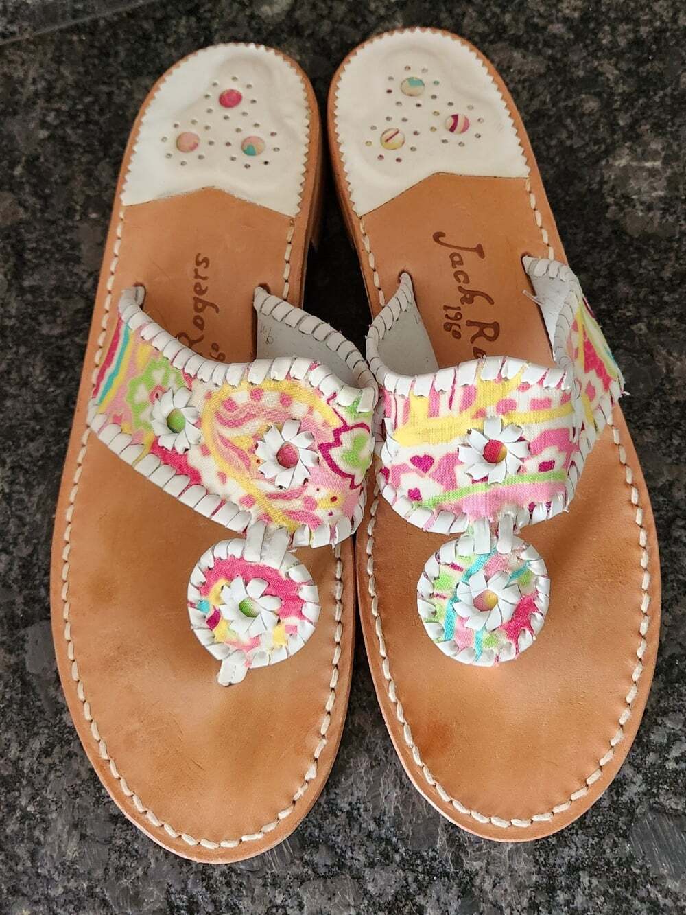 Jack Rogers Women's Size 9 White Multi Colored Leather Thong Sandals